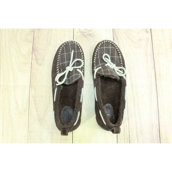 LL Bean Plaid Lined Brown Suede Shearling Lined Moccasin Slippers Size 8 M - Picture 7 of 9